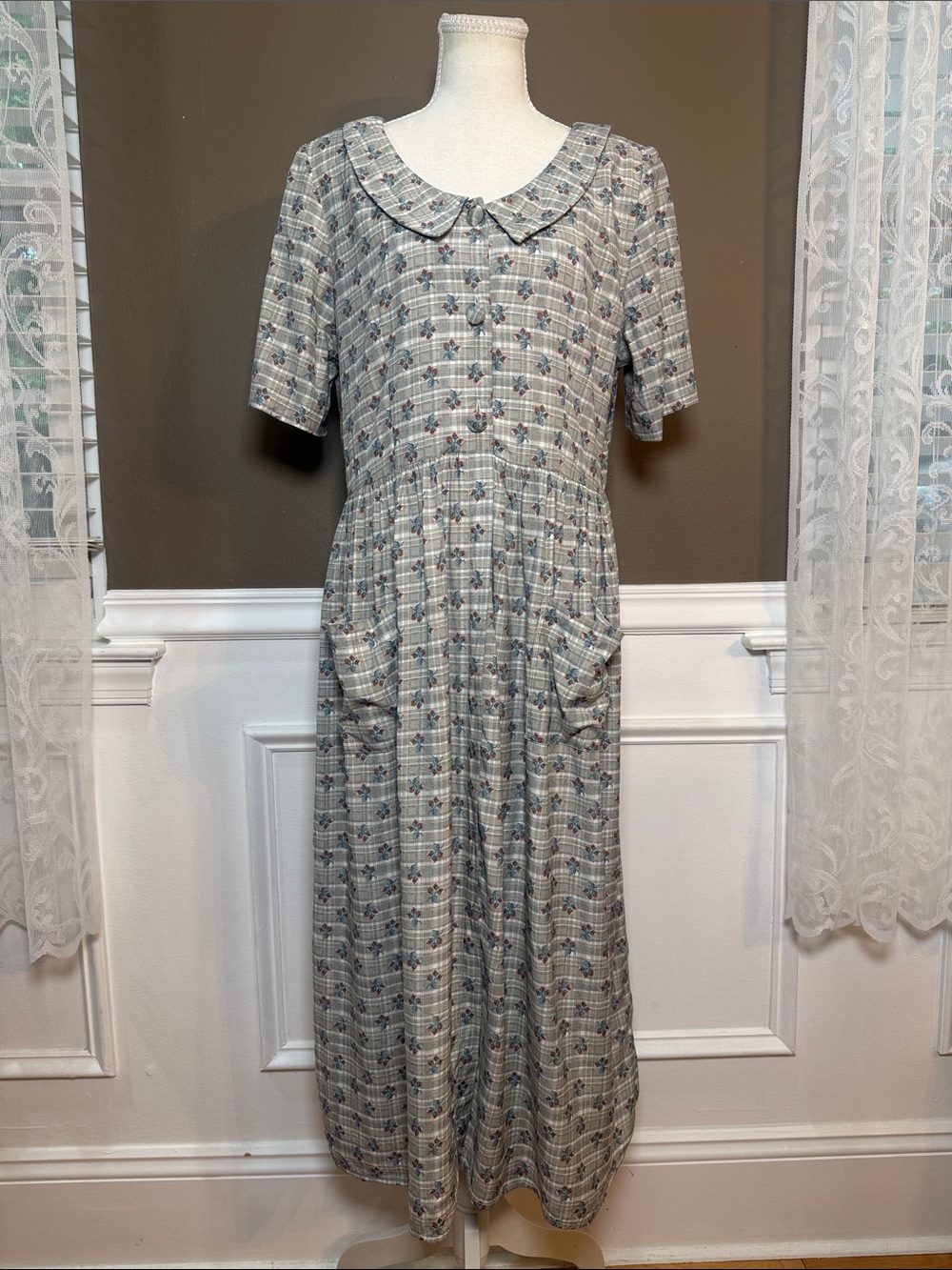 Vintage Karin Stevens Floral Plaid Cottagecore Grandma Midi Dress 12